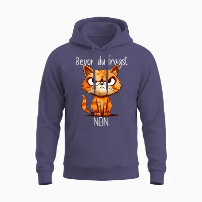 Funny Cat with Cheeky Saying "bevor Du Fragst No" Long-Sleeved Shirt, Black Unisex Hoodie - Heather Sport Dark Navy
