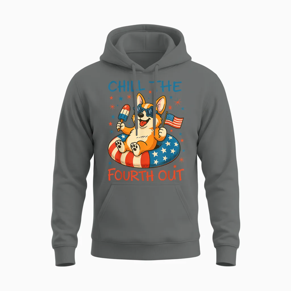 Chill the Fourth Out Cute Corgi Patriotic 4th of July Unisex Hoodie in Graphite Heather