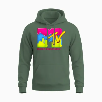 Mtv Neon Paint Drip Retro Logo T-Shirt, Black, S Unisex Hoodie - Military Green