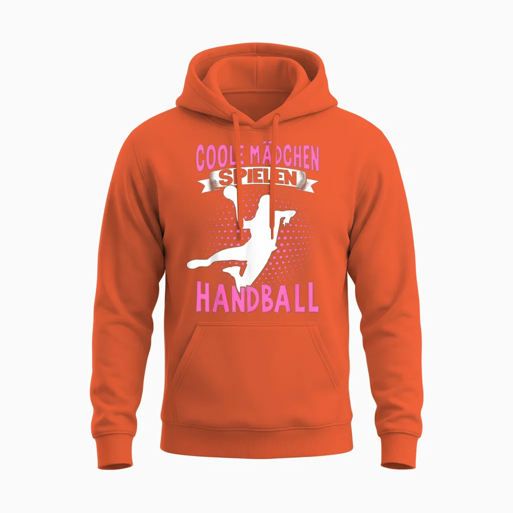 Handballer Women's Children's Cool Girls Playing Handball T-Shirt, Black Unisex Hoodie in Orange