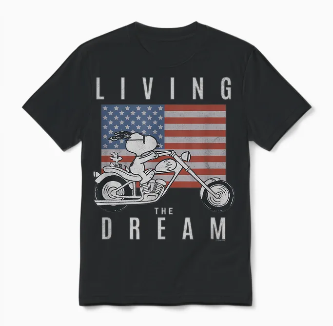 Peanuts Snoopy Living the Dream Snoopy on a Motorcycle Unisex T-Shirt in Black