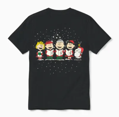 Peanuts Christmas T-Shirt - Blue, Unisex-Adults, Small, Short Sleeve, Classic Fit, Cotton, Polyester Blend Unisex T-Shirt - Black