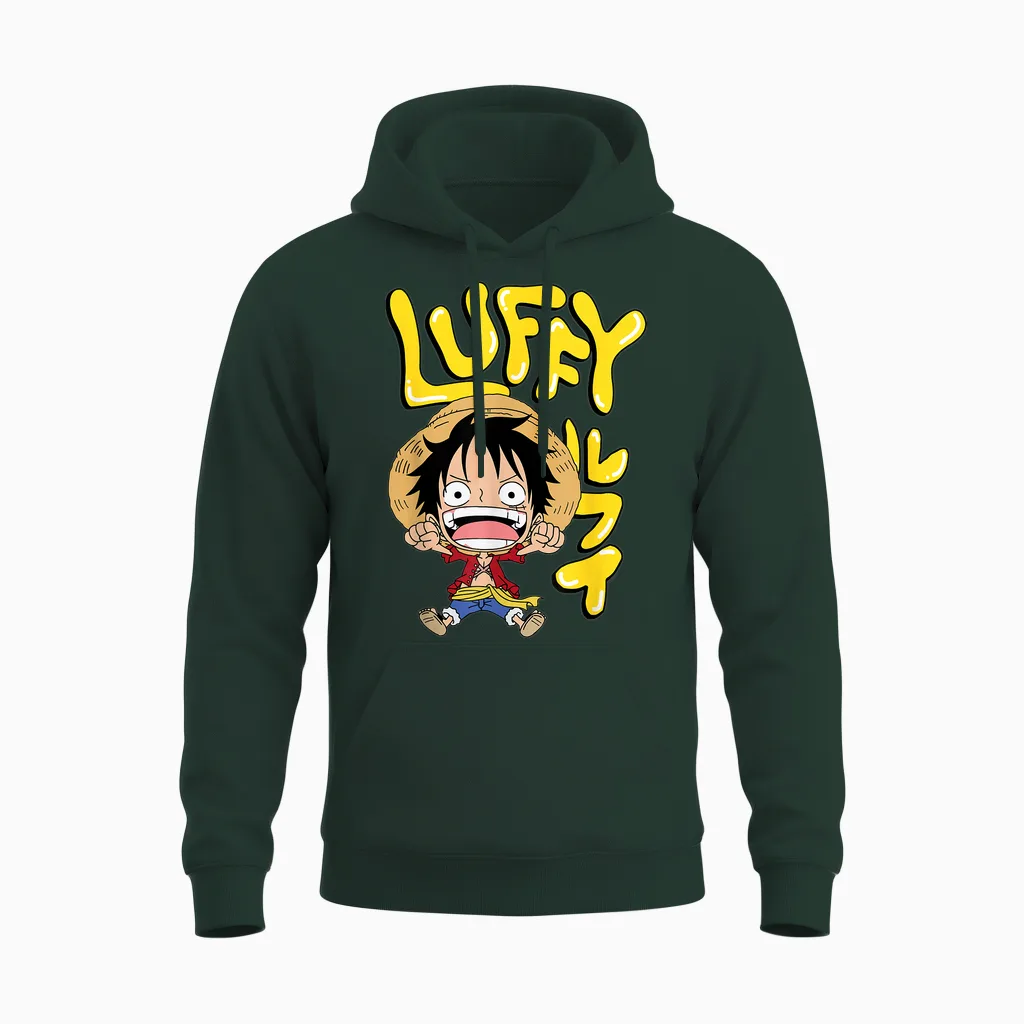 One Piece Anime Luffy Chibi with Bubble Letters Unisex Hoodie in Forest
