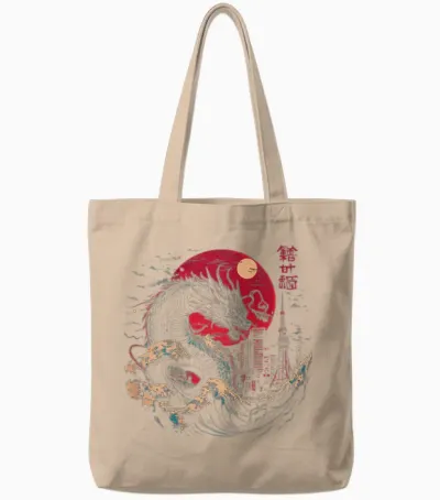 Japanese Dragon Tokyo Great Wave off Kanagawa (artistic Back) T-Shirt, Black, S Tote Bags - Natural