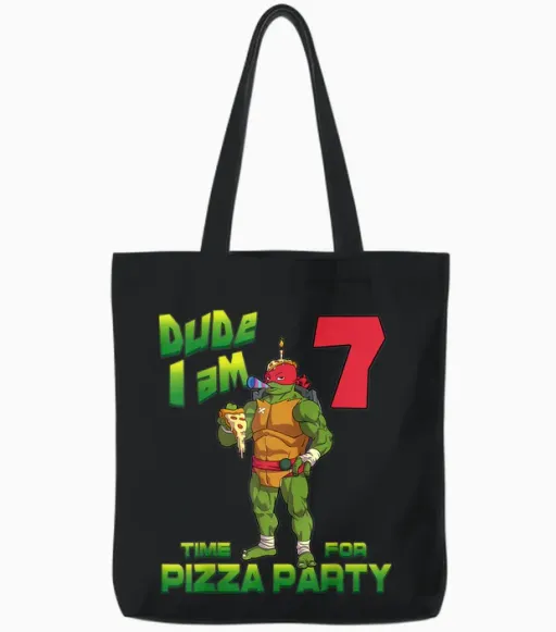 Mademark X Teenage Mutant Ninja Turtles - Dude I Am 7 Years Old Raphael Pizza Birthday Party Tote Bags - Black