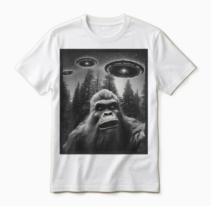 Cat Funny Graphic Tee for Men Women Bigfoot Sasquatch Alien Ufo Unisex T-Shirt in White