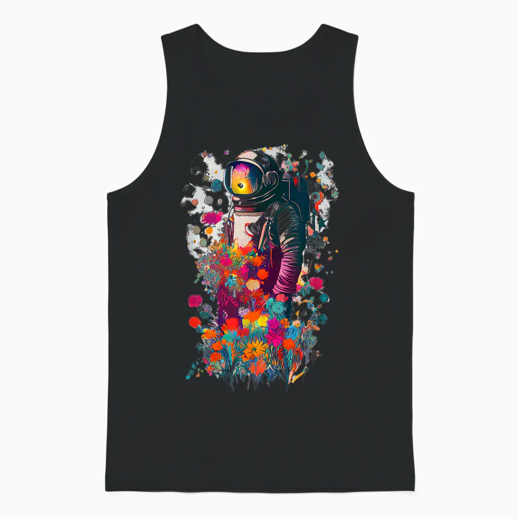 Astronaut Surrounded by Colorful Flowers Unisex Tank Top in Black