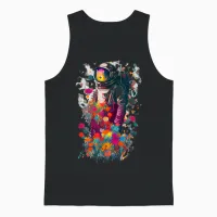 Astronaut Surrounded by Colorful Flowers Unisex Tank Top in Black - 1