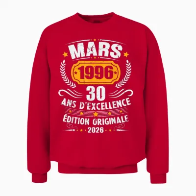 Vintage Mars 1996 Cadeau Anniversaire 30 Ans Homme Femme Unisex Sweatshirt - Red