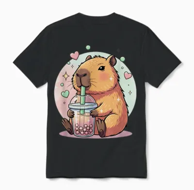 Kawaii Capybara Girls Boba Tea Anime Capibara Lover Cute Unisex T-Shirt - Black