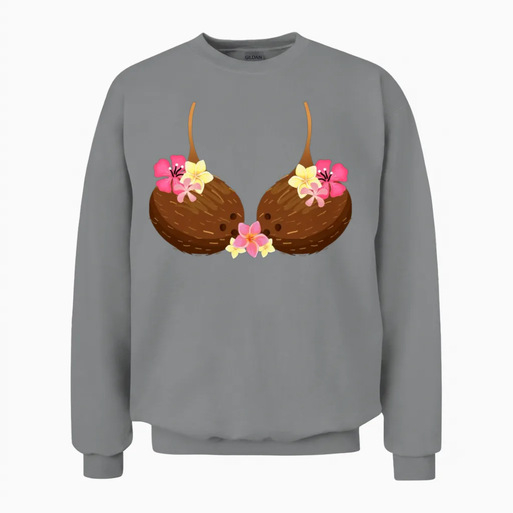 Funny Coconut Bra with Hawaiian Tropical Flowers Unisex Sweatshirt in Sport Grey