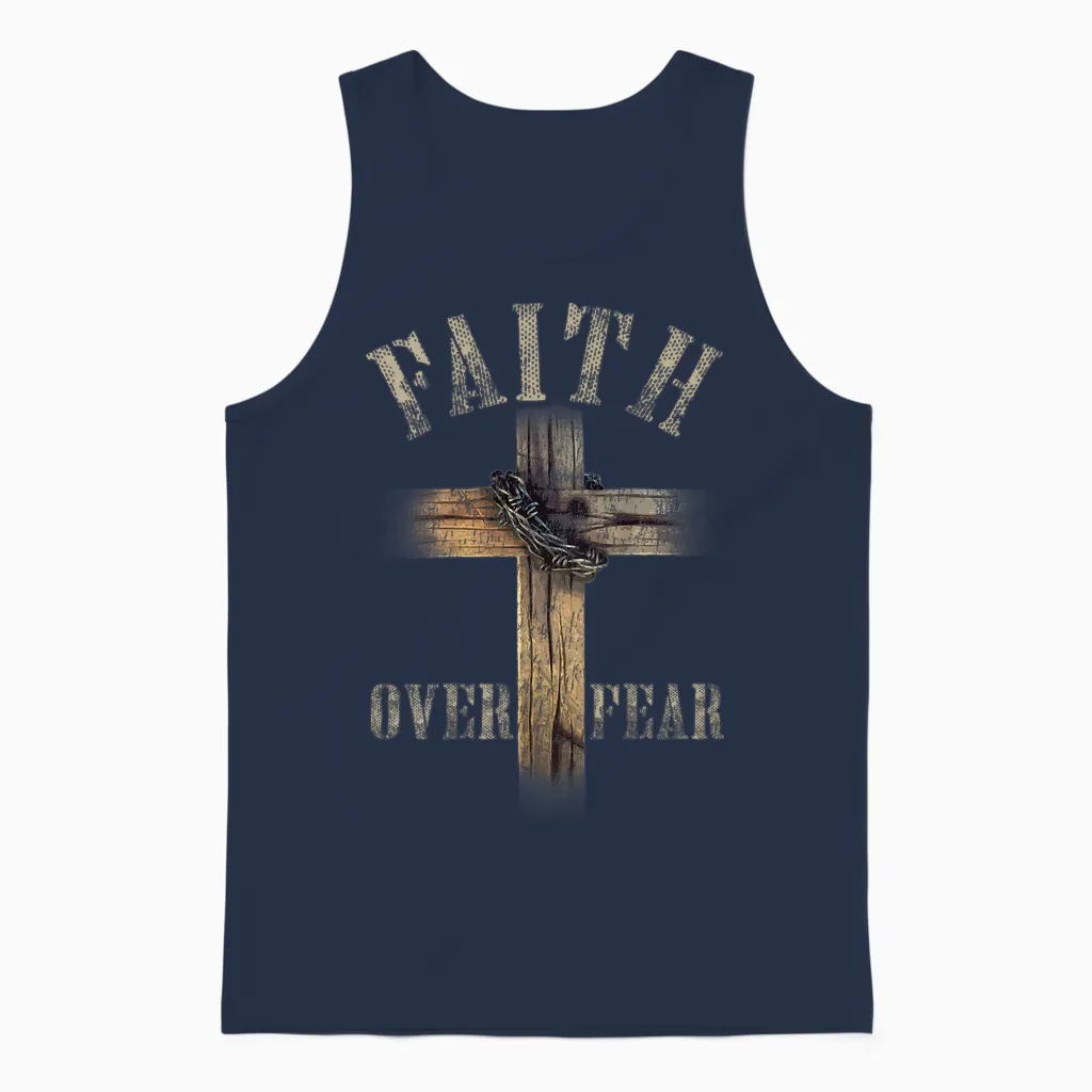 Faith Over Fear American Christian Cross God Jesus (on Back) Unisex Tank Top in Navy