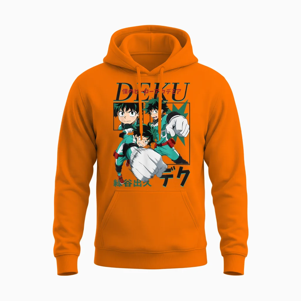 My Hero Academia Deku Action Poses Collage with Kanji Anime Unisex Hoodie in Safety Orange