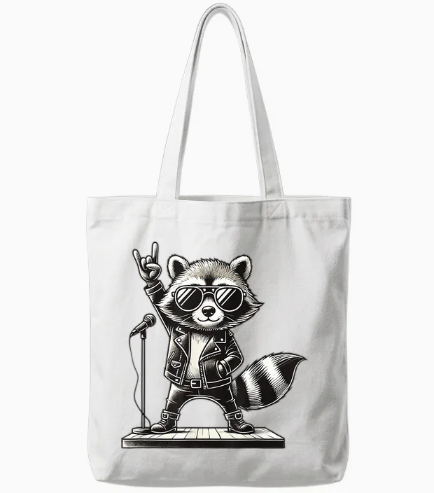 Rock Music & Rocker, Rock Hand, Kids & Boys, Funny Raccoon T-Shirt, Black, S Tote Bags in White
