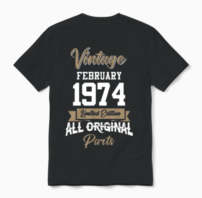 February 1974 Vintage Birthday Present Unisex T-Shirt in Black
