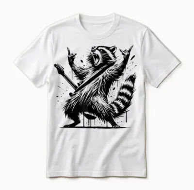 Raccoon Rock and Roll Rock&roll Raccoon Playing Guitar Rock & Roll T-Shirt, Black, S Unisex T-Shirt - White