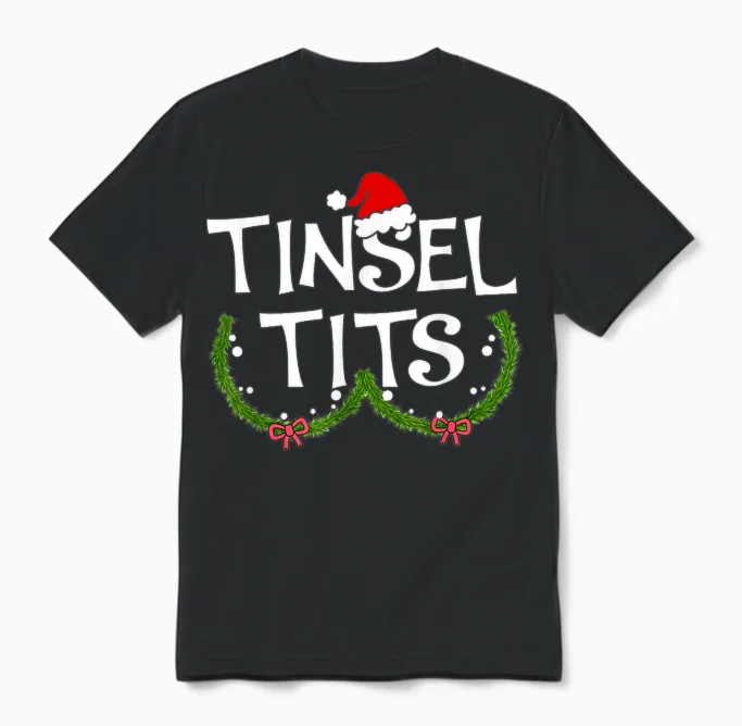 Funny Tinsel Tits Matching Jingle Balls Christmas Couples Unisex T-Shirt in Black