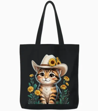 Adorable Cartoon Cat in Cowboy Hat with Rustic Sunflowers Tote Bags - Black