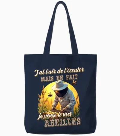 Funny Beekeeper Gift Je Pensse à Mes Abeilles T-Shirt, Black, S Tote Bags - Navy
