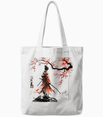 Geisha Samurai Girl Cherry Blossom Fighter Ninja Martial Art T-Shirt, Gray Tote Bags - White
