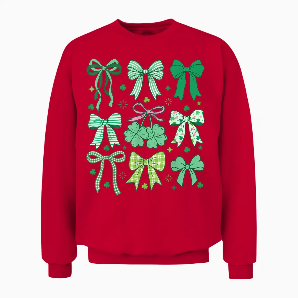 Cute Green Shamrock Bow Coquette St Patricks Day Unisex Sweatshirt in Red