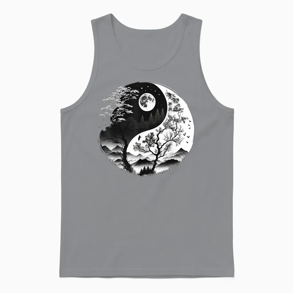 Black and White Yin Yang Symbol on Nature Taijitu Yin Yang T-Shirt, Black Unisex Tank Top in Sport Grey