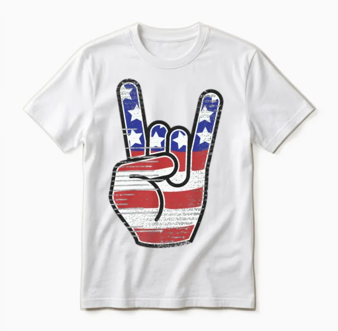 Rock N Roll Usa Flag Horns Sign Retro Concert Band Unisex T-Shirt in White