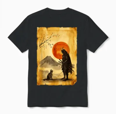 Chat Japonais Bushido Zen Mountain Artistic Japon Samourai Unisex T-Shirt - Black