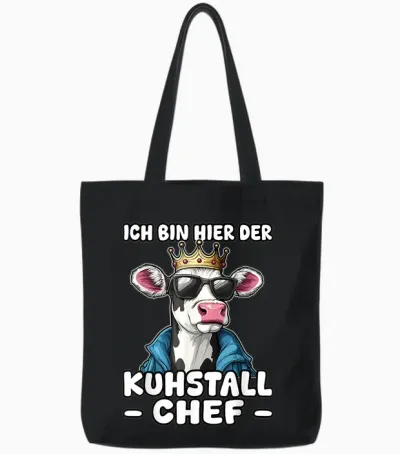 T-Shirt with German Text "kuhstall Chef | Leadership Farmers Dairy Farmers, Black, S Tote Bags - Black