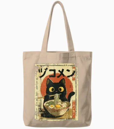 Kawaii Cat Eating Noodles Ramen Funny Vintage Anime Japanese Tote Bags - Natural