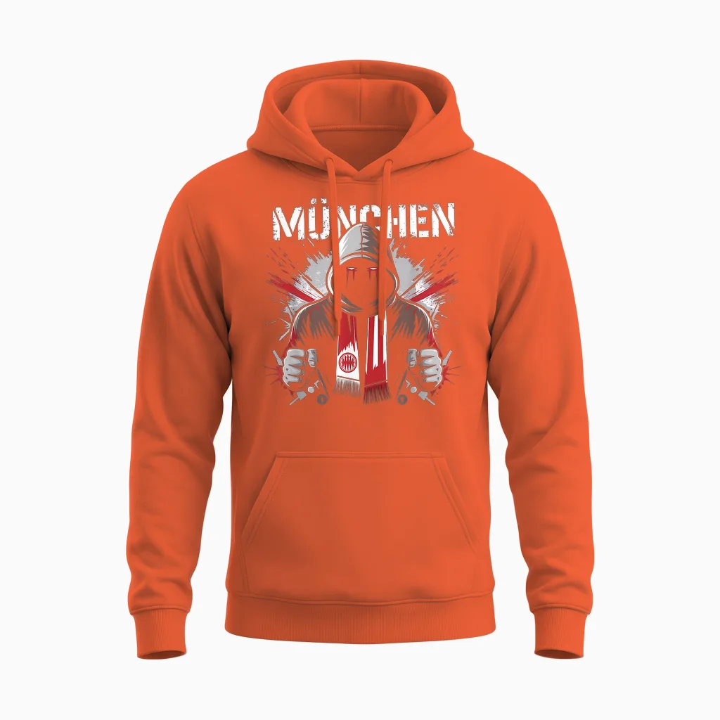 Munich Gift Men's Women's Munich Bayern Hooligan T-Shirt, Black Unisex Hoodie in Orange