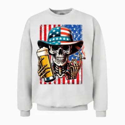 4th of July Shirt for Women Men American Flag Skull Skeleton Unisex Sweatshirt - White