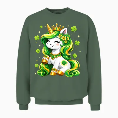 Lepricorn Unicorn Shamrock St Patricks Day Shirts Kids Girls Unisex Sweatshirt - Military Green