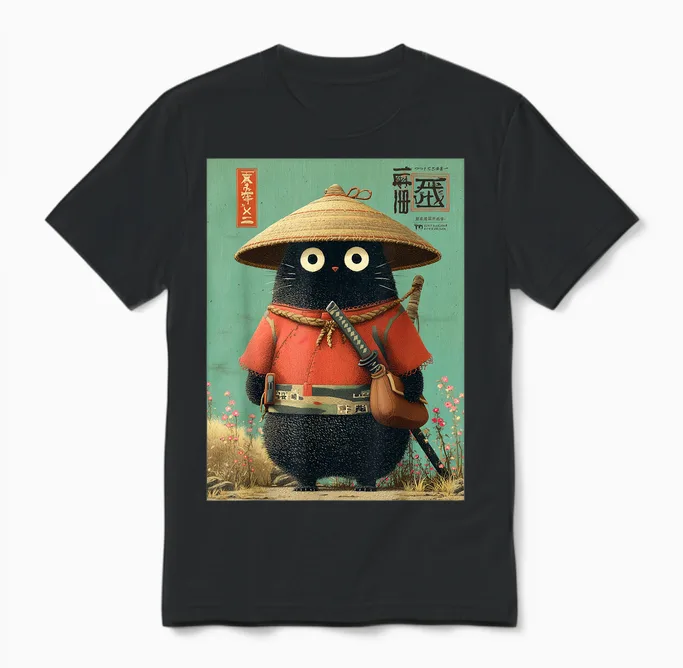 Chat Japonais Vintage Samouraï Sumi-E Traveler Warrior Anime Unisex T-Shirt in Black