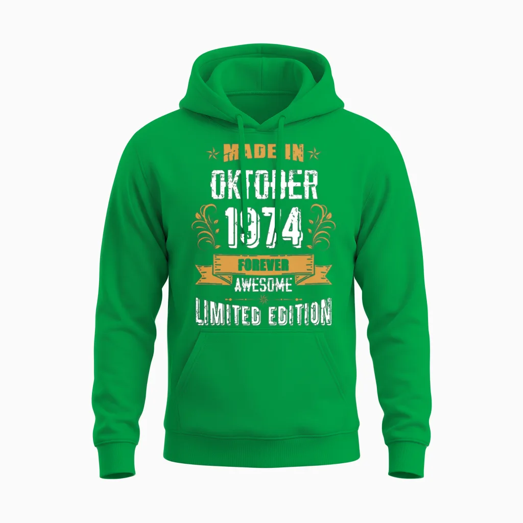October 1974 Vintage Birthday Present Unisex Hoodie in Irish Green