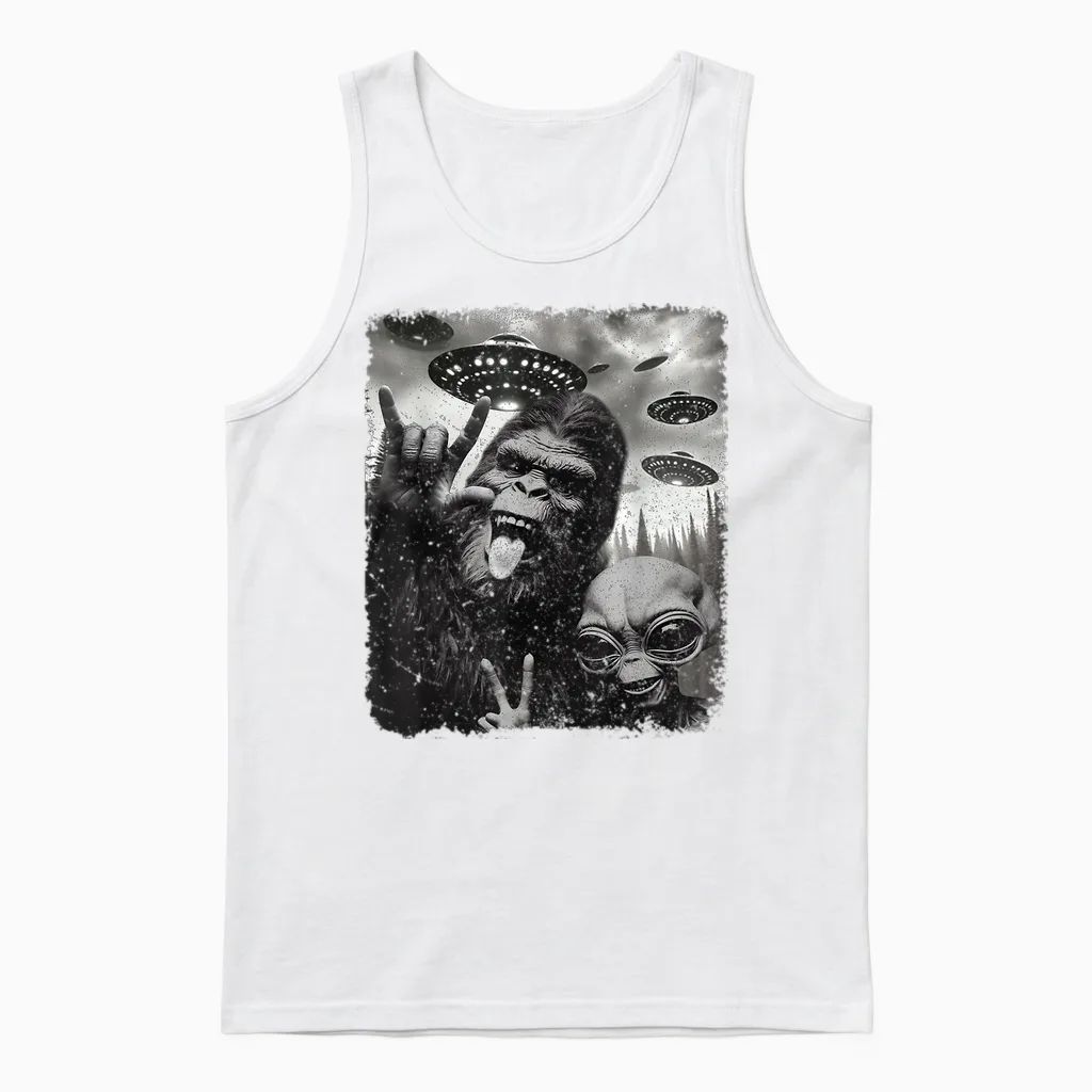 Funny Bigfoot & Alien Sasquatch Rock on Hand Sign Ufo Selfie Unisex Tank Top in White
