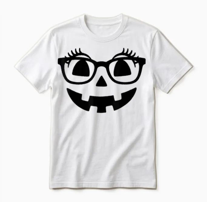 Pumpkin with Eyelashes Halloween Fall Jack-O-Lantern Face Unisex T-Shirt in White