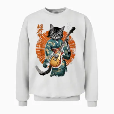 T-Shirt Graphique Amusant Avec Chat Jouant De La Guitare Pour Homme Et Femme Unisex Sweatshirt - White