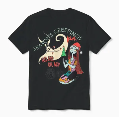 Amazon Essentials Men's Nightmare Before Christmas Sally and Zero Season’s Creepings T-Shirt, Grey Graphic Print, Small Unisex T-Shirt - Black