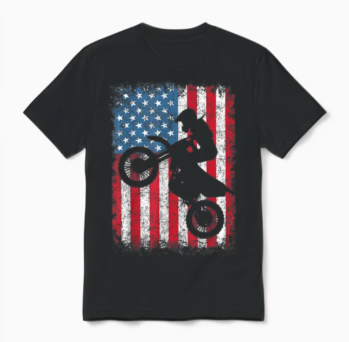 Dirt Bike Motocross Biker American Flag 4th of July Boys Men Unisex T-Shirt in Black
