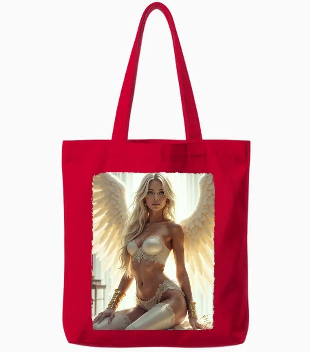 Sexy Brunette Angel Pinup Girl Long Sleeve Print Tote Bags in Red