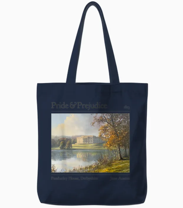 Jane Austen Pemberley 250th Anniversary Pride and Prejudice T-Shirt, Black, S Tote Bags in Navy