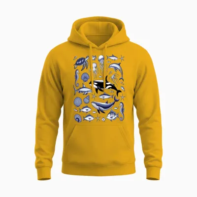 Underwater Marine Life Illustration Unisex Hoodie - Gold