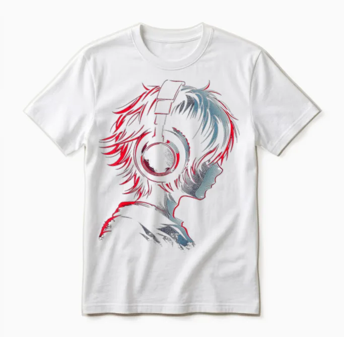 Anime Manga Graphic Headphones Artwork Anime T-Shirt, Black Unisex T-Shirt in White