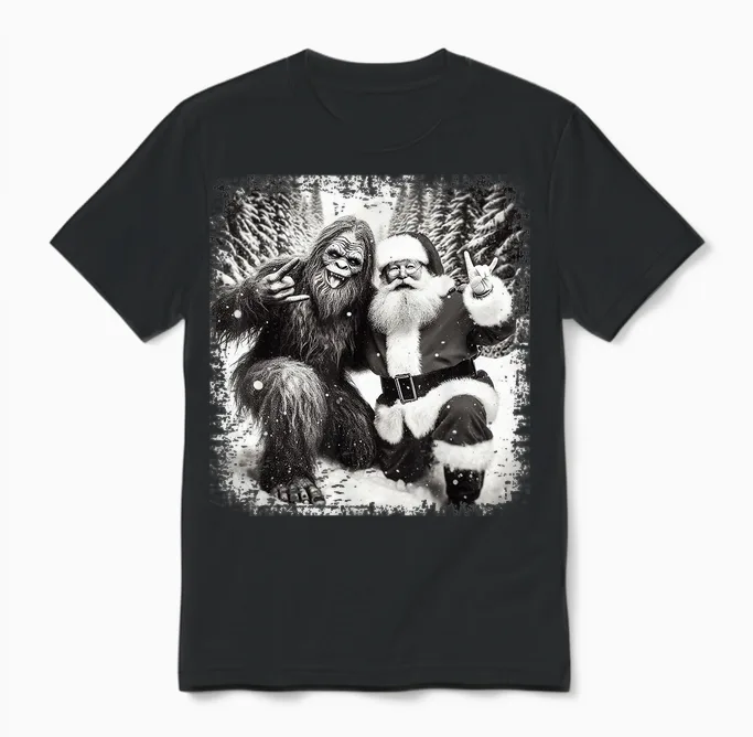 Santa with Bigfoot Christmas Lights Funny Sasquatch Believe Unisex T-Shirt in Black