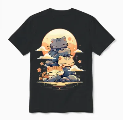 Japanese Cats Sleeping Cat Cute Kitten Anime Kawaii T-Shirt, Black Unisex T-Shirt - Black