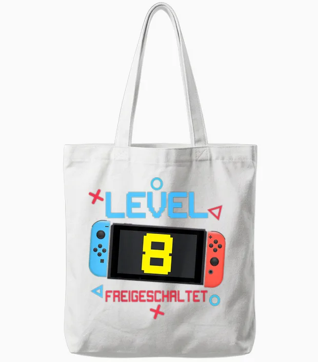 Kids 8th Birthday Boy 8 Years Old Level 8 Unlocked T-Shirt, Black Tote Bags in White