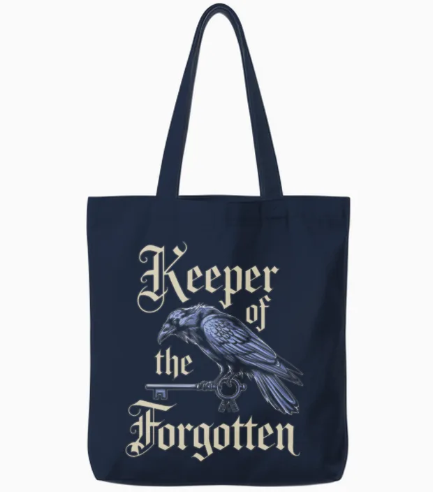 Keeper of the Forgotten Raven and Key Artwork Tote Bags in Navy