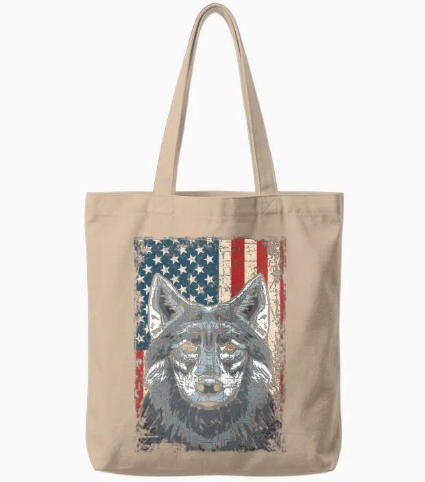 Wolf 4th of July American Flag Howling Wolves Tote Bags in Natural