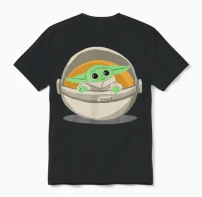 Amazon Essentials Men's Mandalorian the Child Grogu Pram T-Shirt, Dark Blue, Small Unisex T-Shirt - Black